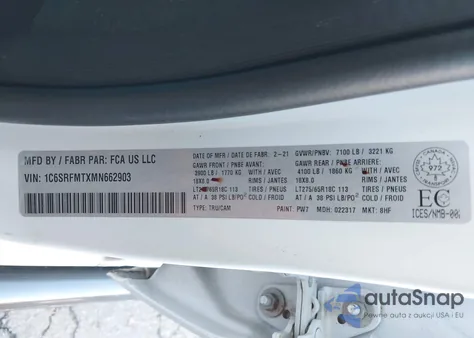 2021 Ram 1500 Big Horn z USA, uszkodzony, nr VIN 1C6SRFMTXMN662903